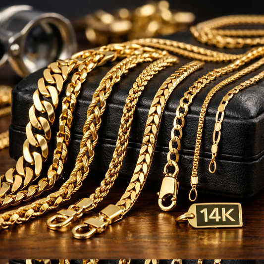14K gold chains in different styles displayed on a jewelry box, including Cuban, rope, Franco, Figaro, and box chains.