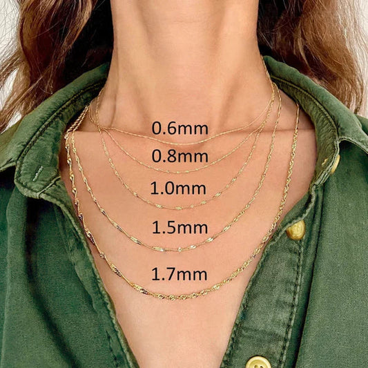 14K gold Singapore rope chain width comparison – 0.6mm to 1.7mm sizes shown on neck
