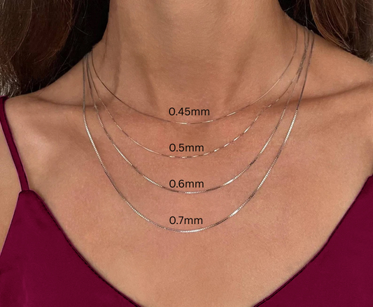 14K Solid White Gold Box Chain Necklace, 0.4mm to 0.7mm Wide