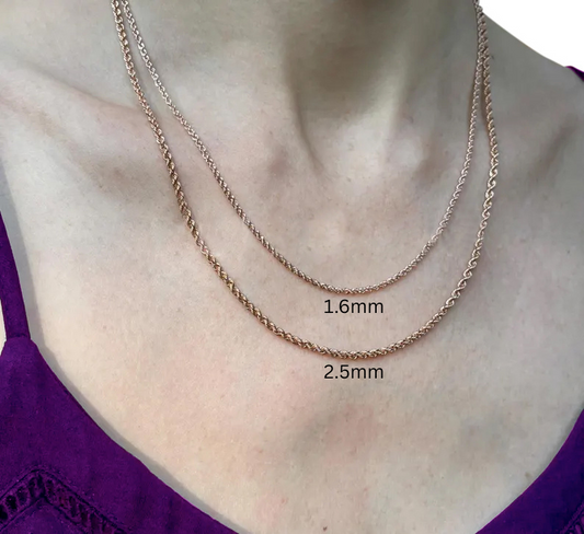 14K Solid Rose Gold Rope Chain Necklace. 1.6mm To 2.5mm Wide
