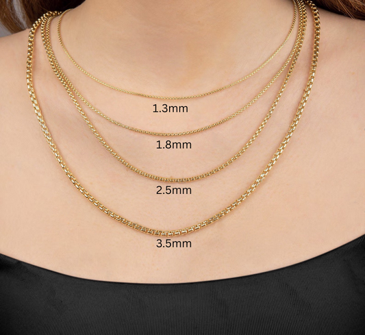 14K Yellow Gold Round Box Chain Necklace, 1.3mm To 3.5mm Wide.