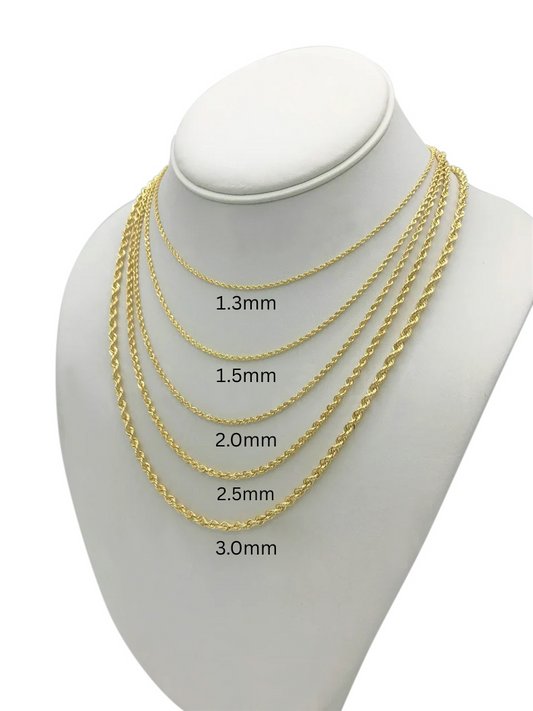 14K Solid Yellow Gold Rope Chain Necklace, 1.3mm - 3.0mm Wide