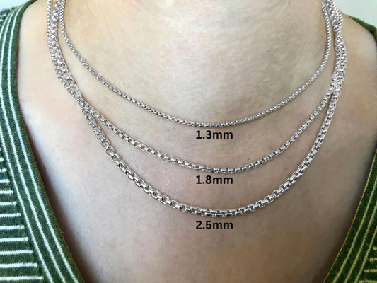 14K White Gold Round Box Chain Necklace, 1.3mm to 2.5mm Wide