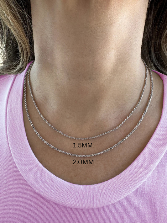 14K White Gold Rope Chain Necklace, 1.5mm to 2.5mm Wide