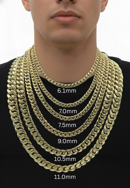 14K Yellow Gold Miami Cuban Chain Necklace, 6.0mm to 11.0mm Wide.