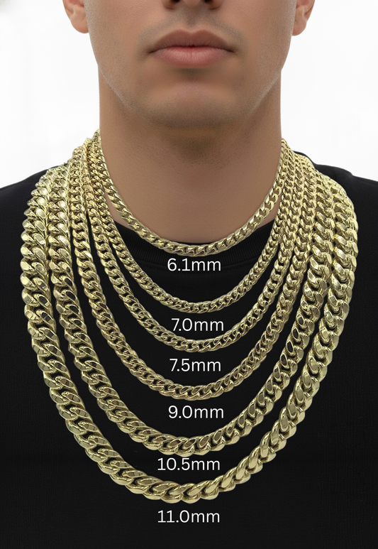 14K Yellow Gold Miami Cuban Chain Necklace, 6.0mm to 11.0mm Wide.