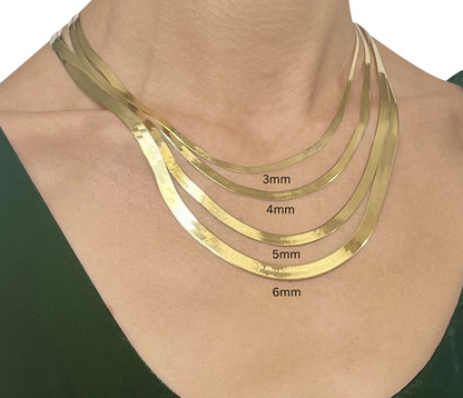 14K Solid Gold Herringbone Chain Necklace, 1.5mm-6.0mm Wide