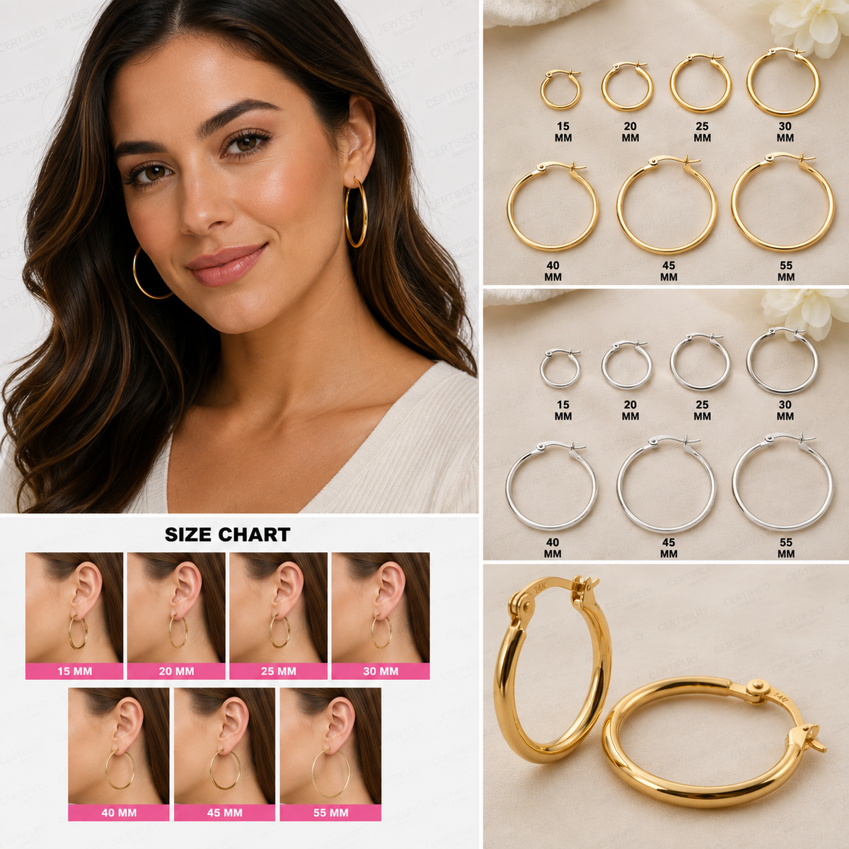 14K Solid Gold Hoop Earrings Real Yellow White Gold Women Fine Jewelry
