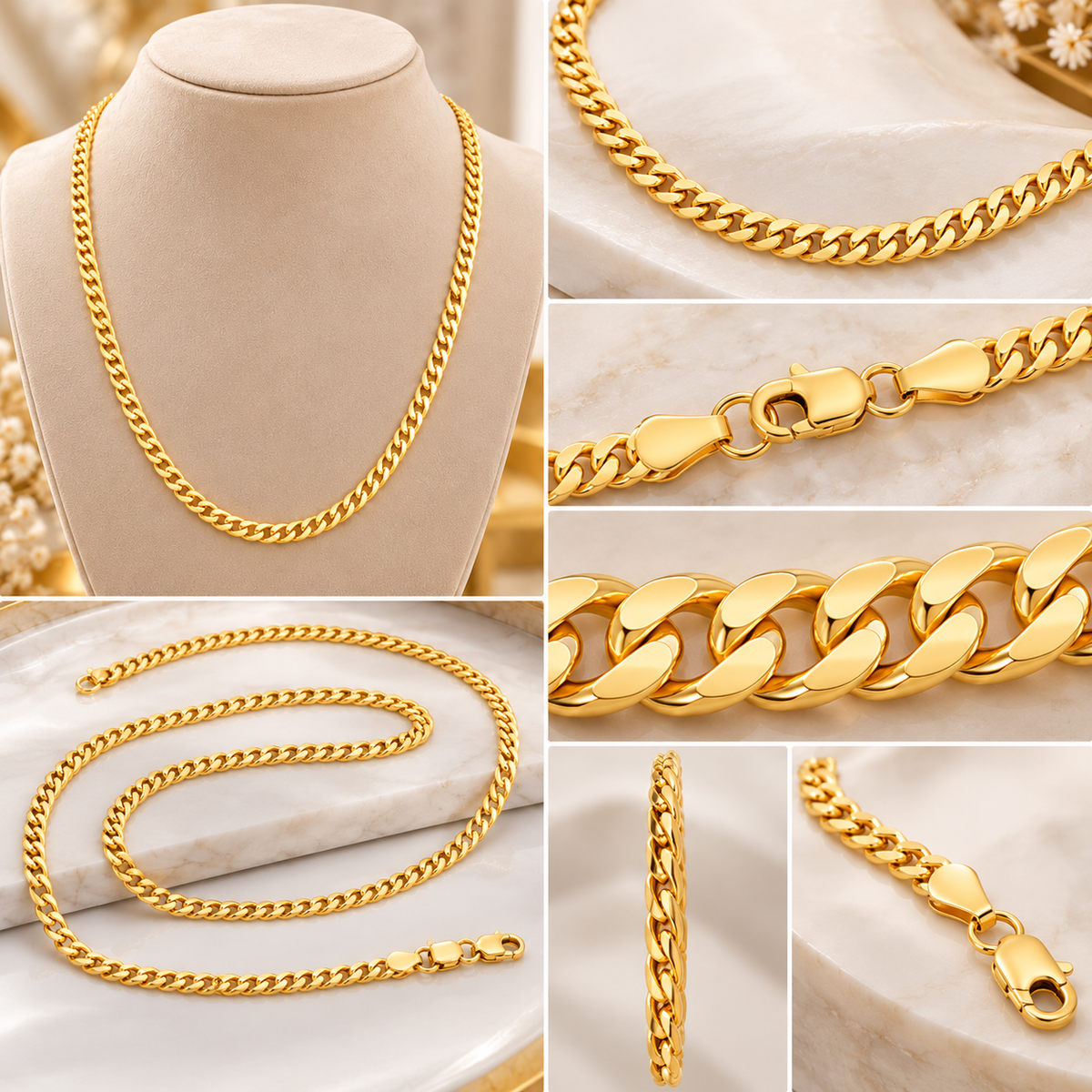 10K Solid Yellow Gold Gourmette Chain Necklace 1MM 1.5MM 2MM Cuban Link