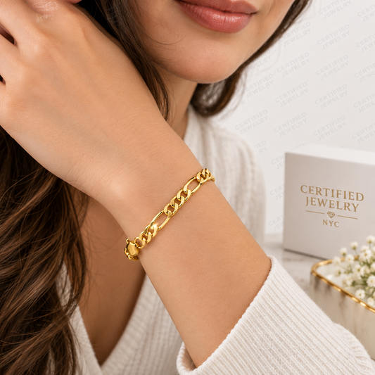 14K Solid Yellow Gold Figaro Chain Bracelet 1.3mm 7mm Lobster Clasp Italy