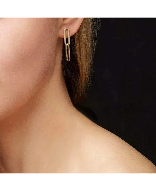 14K Solid Yellow Gold Paper Clip Drop Dangle Earrings Polished Push Back