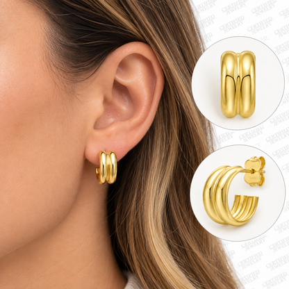 14K Solid Yellow Gold Puffed Double Row C Hoop Earrings Push Back Polished
