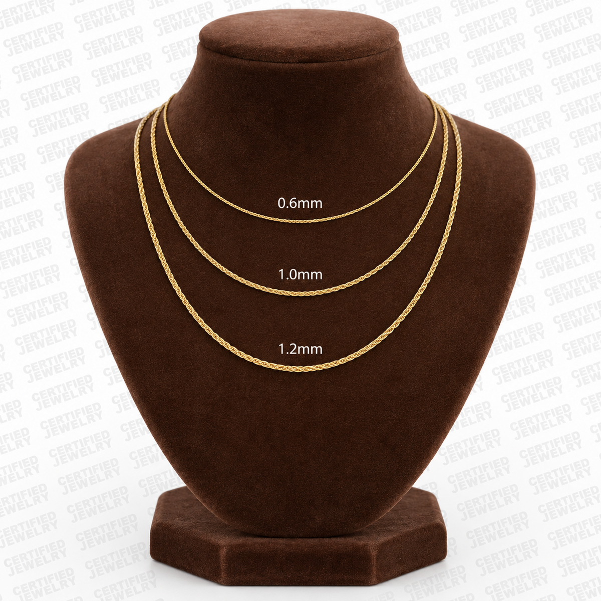 14K Solid Yellow Gold Diamond Cut Round Wheat Chain Necklace 0.6MM 1.2MM