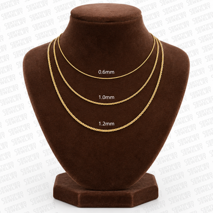 14K Solid Yellow Gold Diamond Cut Round Wheat Chain Necklace 0.6MM 1.2MM
