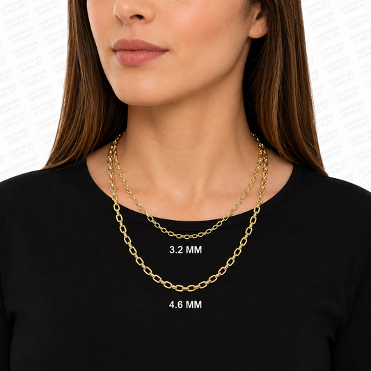 14K Solid Yellow Gold Oval Rolo Chain Necklace Real Gold Link Chain