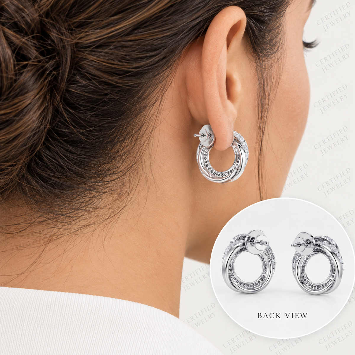 2CT Lab Grown Diamond Spiral Hoop Earrings 14K White Gold Half Diamond