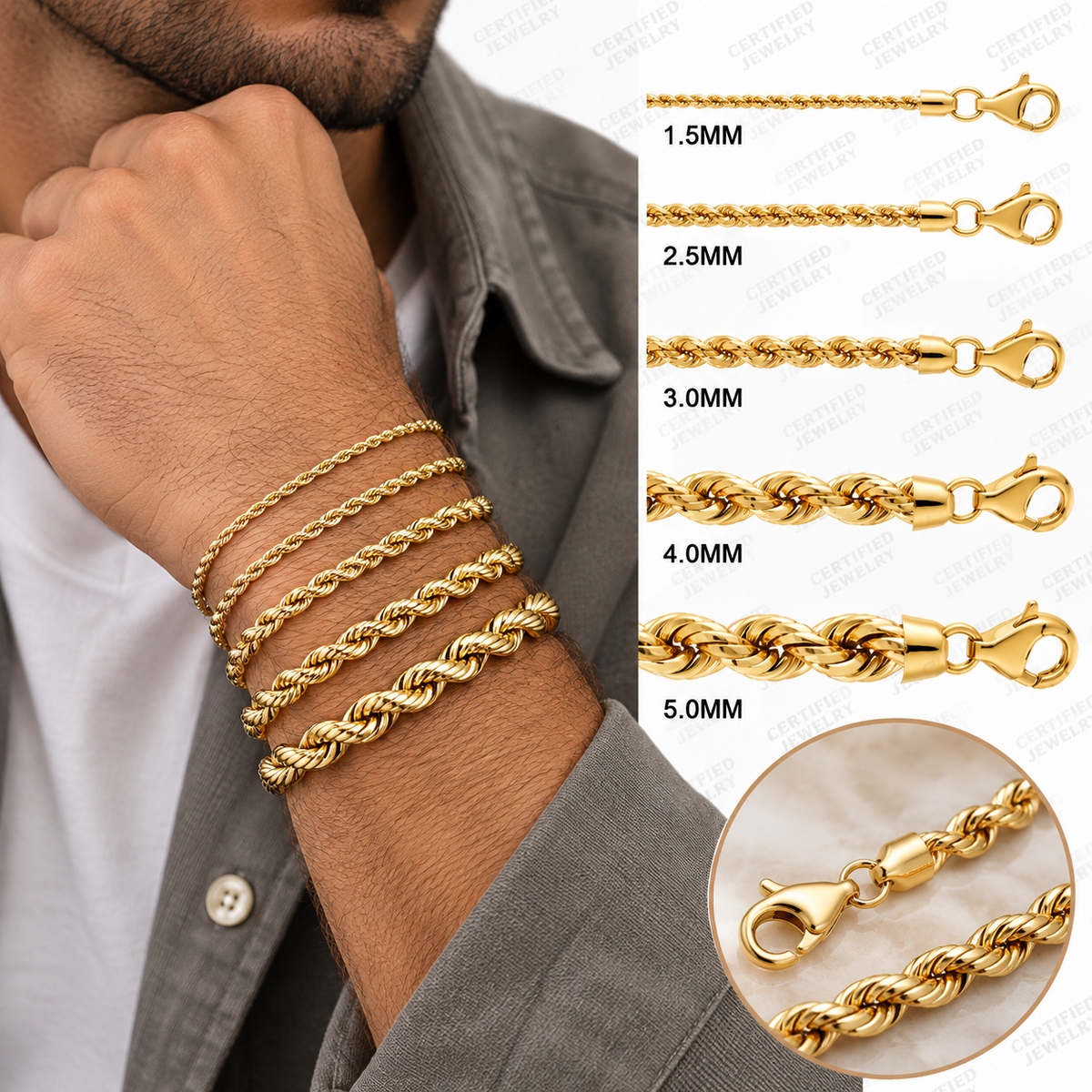 14K Solid Yellow Gold Diamond Cut Rope Bracelet 1.5mm 5mm Lobster Clasp