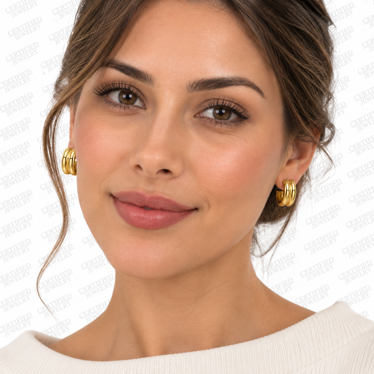 14K Solid Yellow Gold Puffed Double Row C Hoop Earrings Push Back Polished