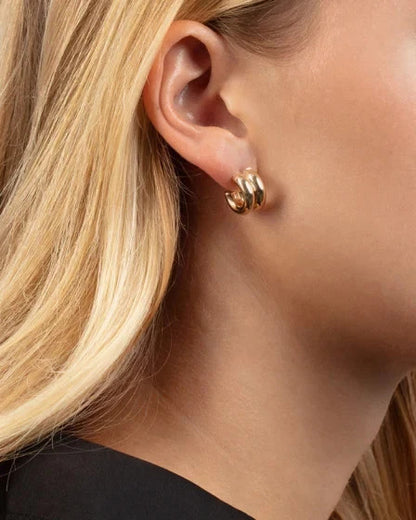 14K Solid Yellow Gold Puffed Double Row C Hoop Earrings Push Back Polished
