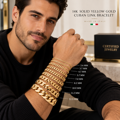 14K Solid Yellow Gold Cuban Link Bracelet 2.6MM 12.3MM Italy Made Curb