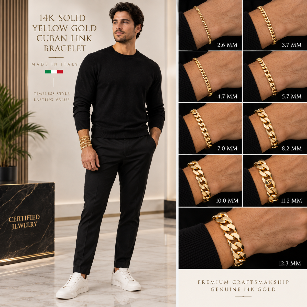 14K Solid Yellow Gold Cuban Link Bracelet 2.6MM 12.3MM Italy Made Curb