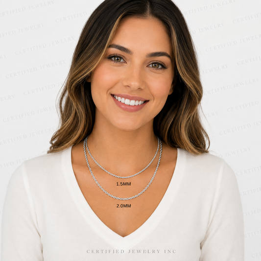 14K White Gold Hollow Rope Chain Necklace 1.5mm 2.5mm Diamond Cut Chain