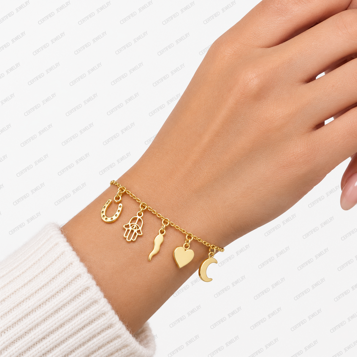 14K Solid Yellow Gold Charm Bracelet Real Italian Gold Dangle Charm Bracelet