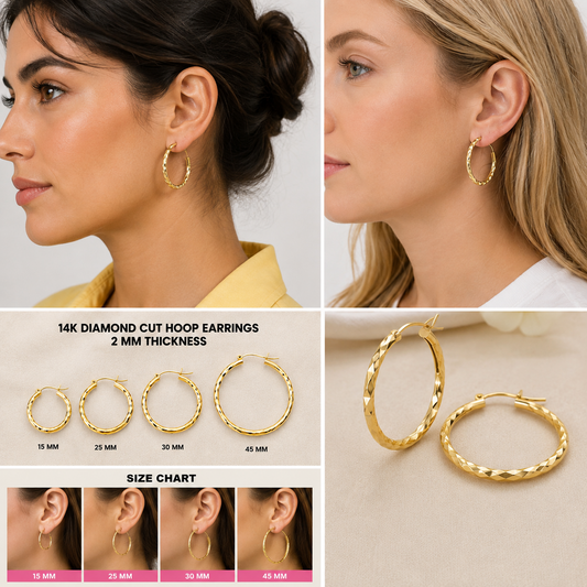 14K Solid Gold Diamond Cut Hoop Earrings Real Gold Textured Hoops Women