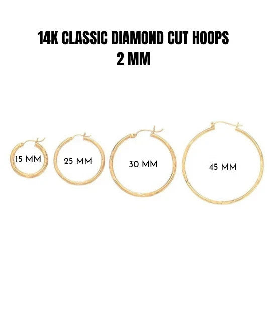14K Solid Gold Diamond Cut Hoop Earrings Real Gold Textured Hoops Women