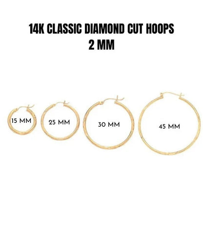 14K Solid Gold Diamond Cut Hoop Earrings Real Gold Textured Hoops Women