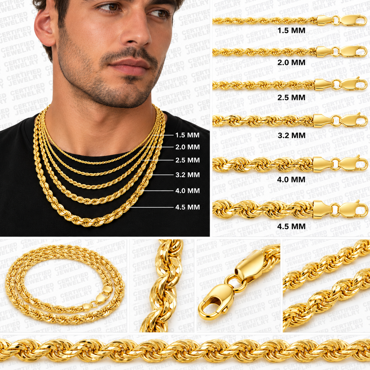 10K Solid Yellow Gold Diamond Cut Rope Chain Necklace 1.5MM 4MM Lobster Clasp