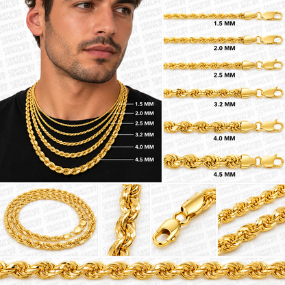 10K Solid Yellow Gold Diamond Cut Rope Chain Necklace 1.5MM 4MM Lobster Clasp