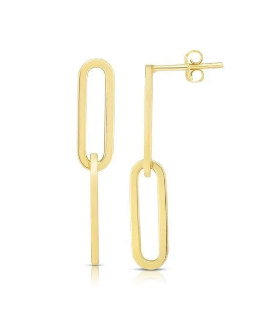 14K Solid Yellow Gold Paper Clip Drop Dangle Earrings Polished Push Back
