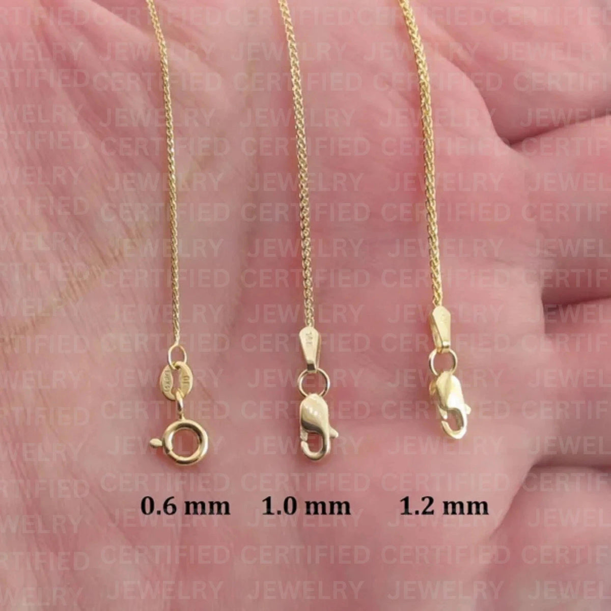 14K Solid Yellow Gold Diamond Cut Round Wheat Chain Necklace 0.6MM 1.2MM