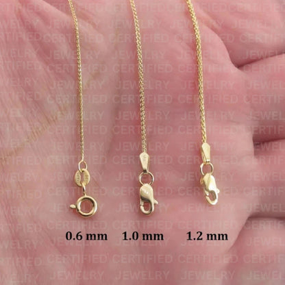 14K Solid Yellow Gold Diamond Cut Round Wheat Chain Necklace 0.6MM 1.2MM