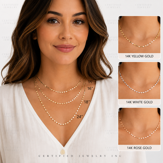 14K Solid Gold Oval Mirror Link Chain Necklace 2.5mm Yellow White Rose Gold