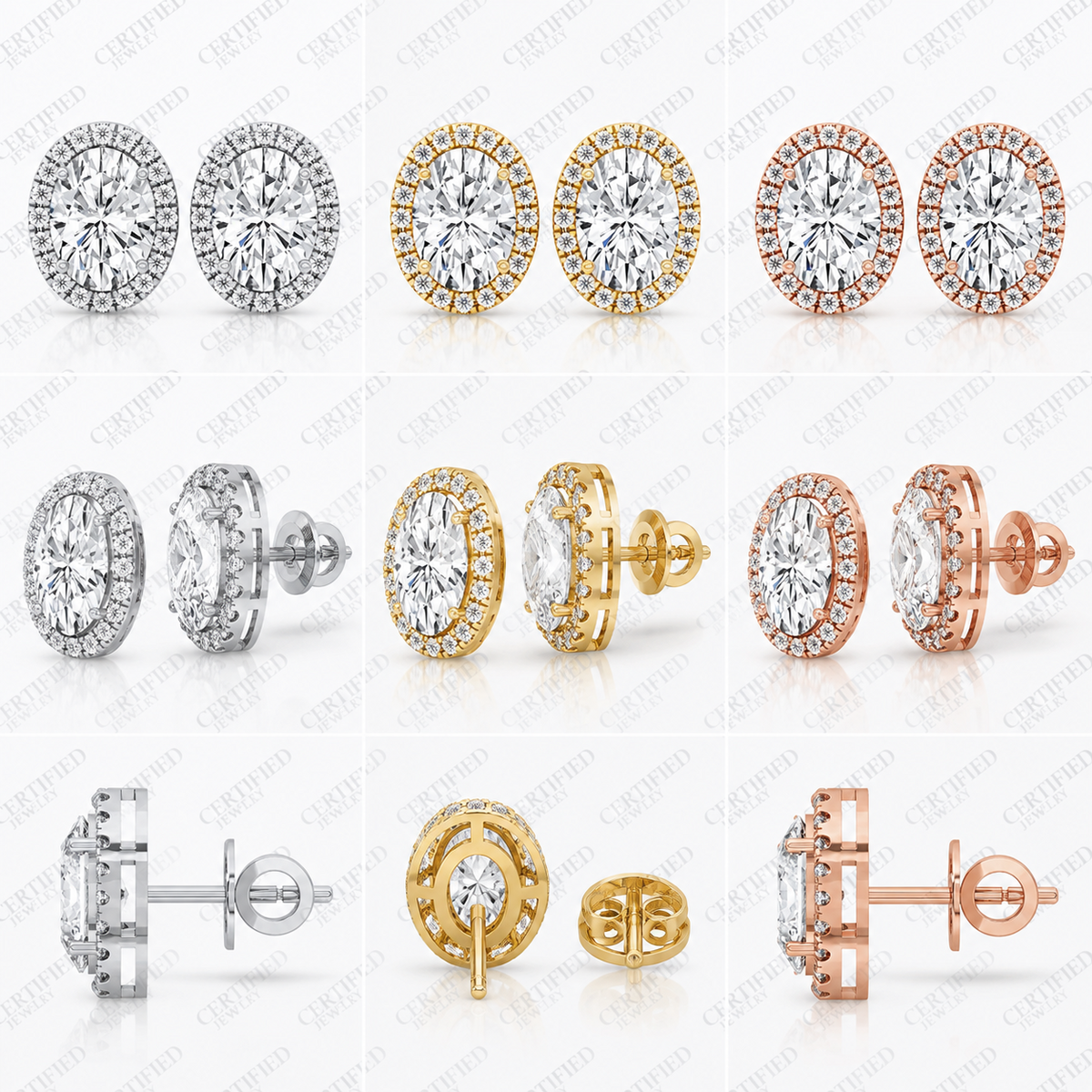 4CT Oval Lab Grown Diamond Halo Stud Earrings 14K Gold Certified