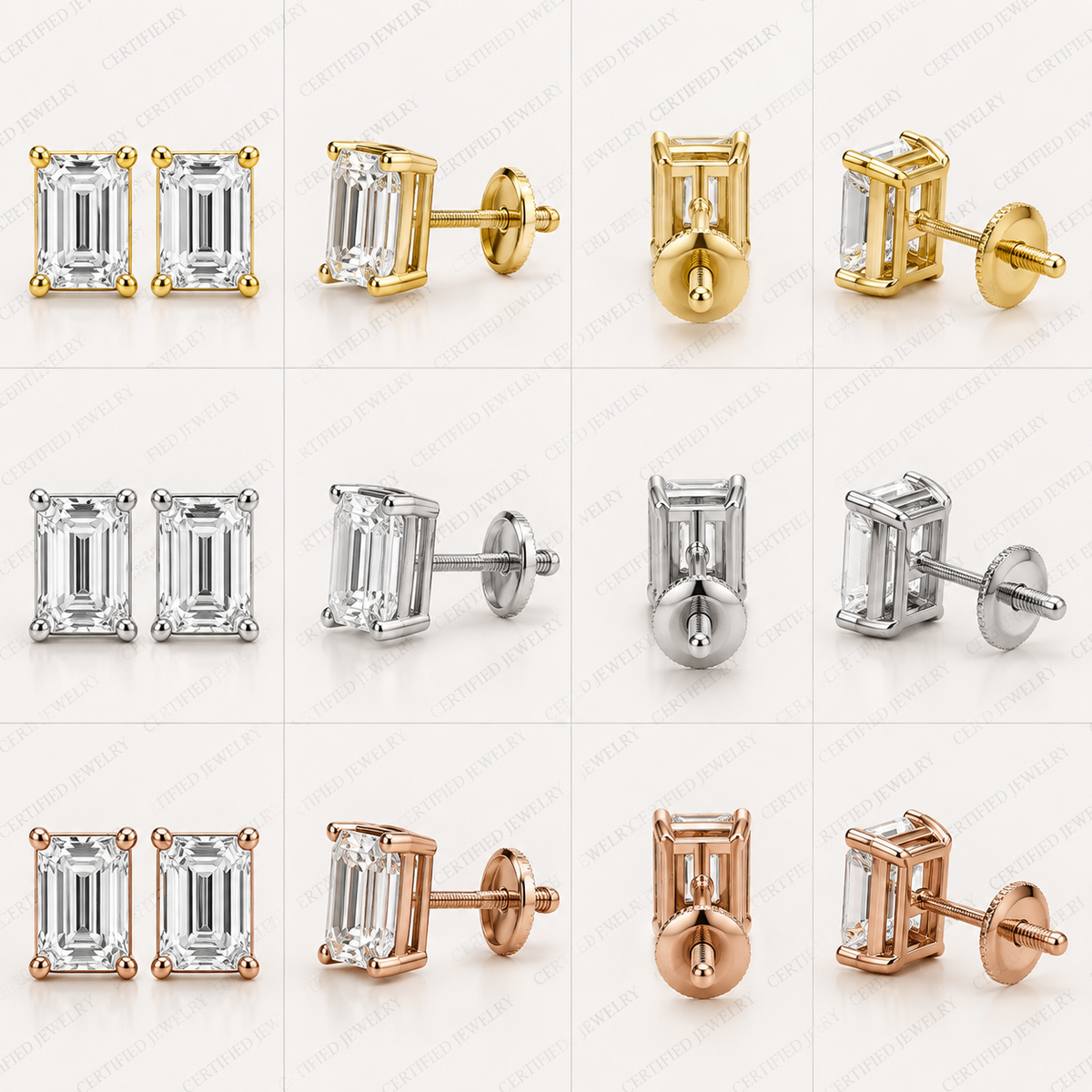 4CT Emerald Lab Grown Diamond Solitaire Stud Earrings 14K Gold Certified