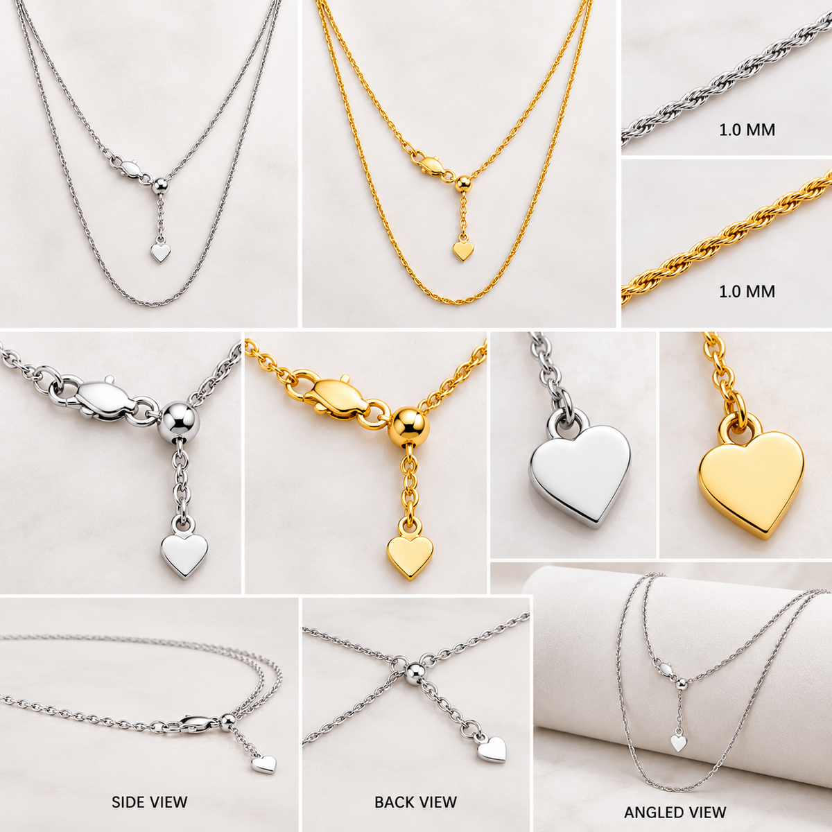 10K Solid Yellow or White Gold Adjustable Rope Chain Necklace 1.0MM 22"
