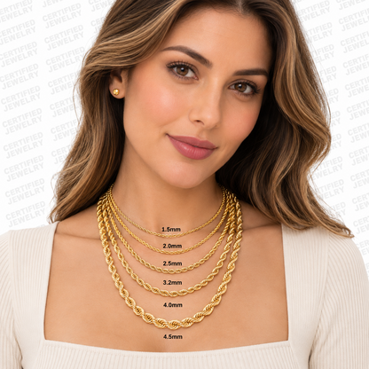 14K Solid Yellow Gold Rope Chain Necklace 1.5mm 5mm Lobster Clasp