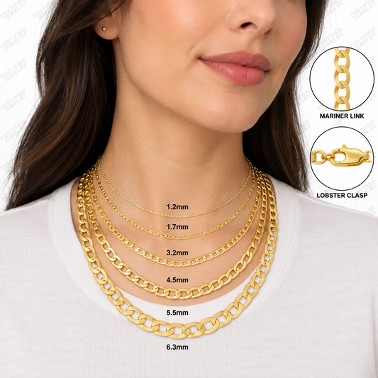 14K Solid Yellow Gold Mariner Link Chain Necklace 1.2MM 6.3MM Gift Box