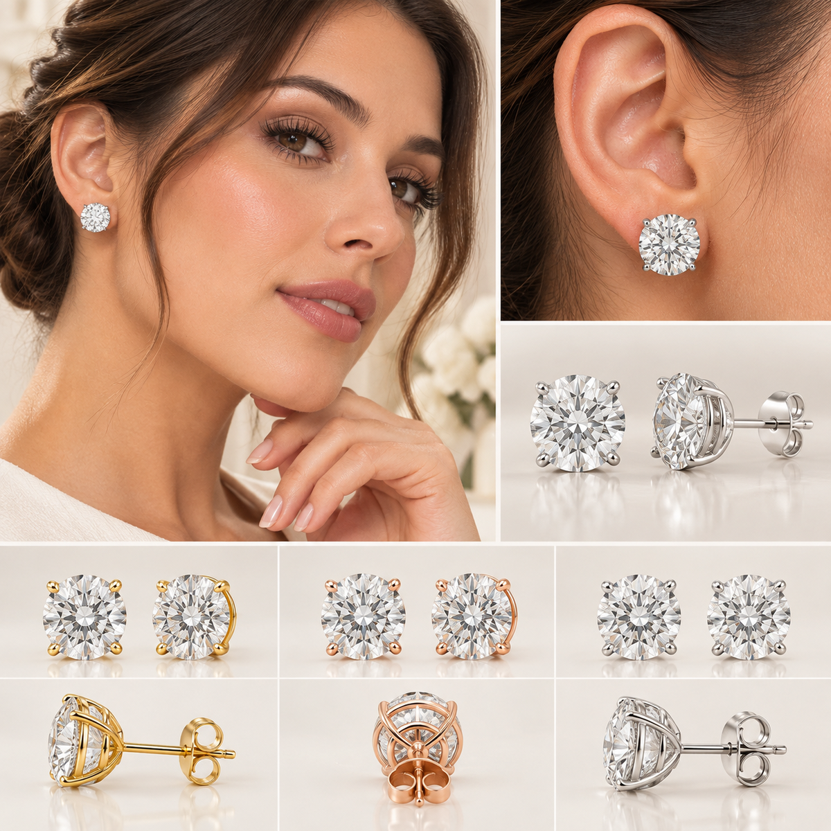 4CT Round Lab Grown Diamond Basket Set Stud Earrings 14K Gold Certified