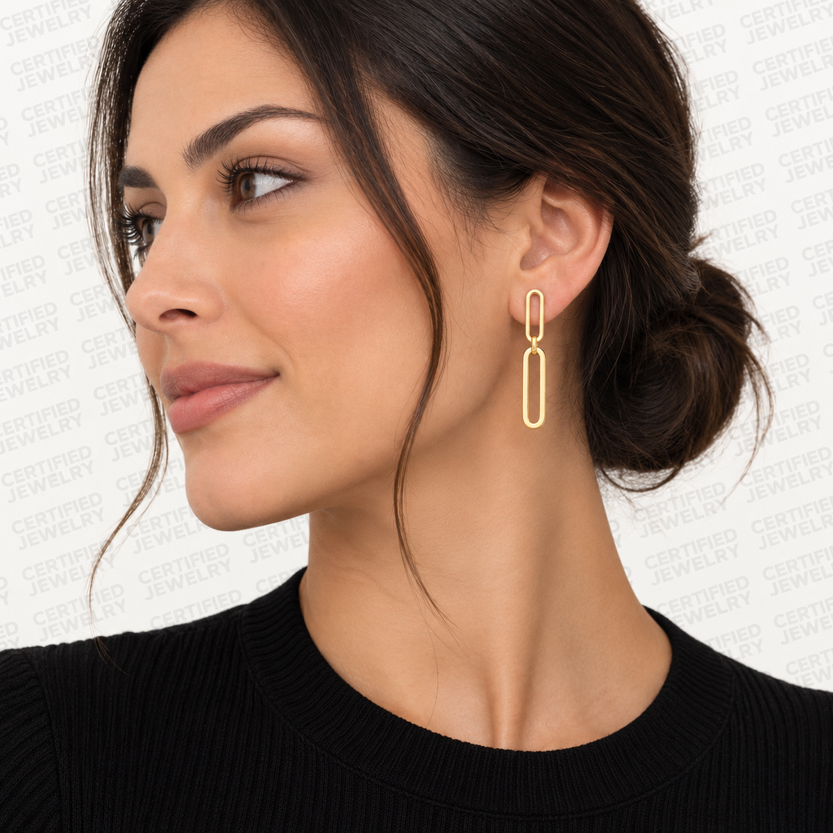 14K Solid Yellow Gold Paper Clip Drop Dangle Earrings Polished Push Back