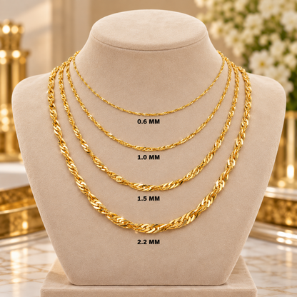 10K Solid Yellow Gold Singapore Chain Necklace 0.8MM 2.2MM Pendant Chain