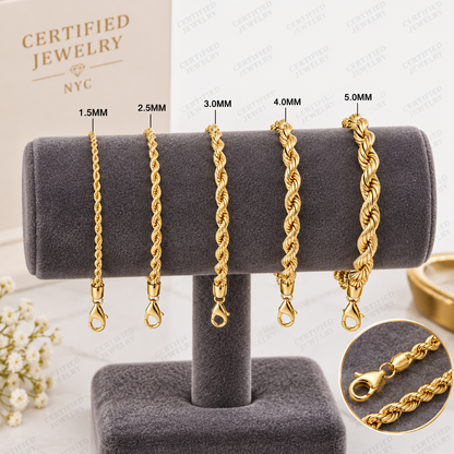 14K Solid Yellow Gold Diamond Cut Rope Bracelet 1.5mm 5mm Lobster Clasp