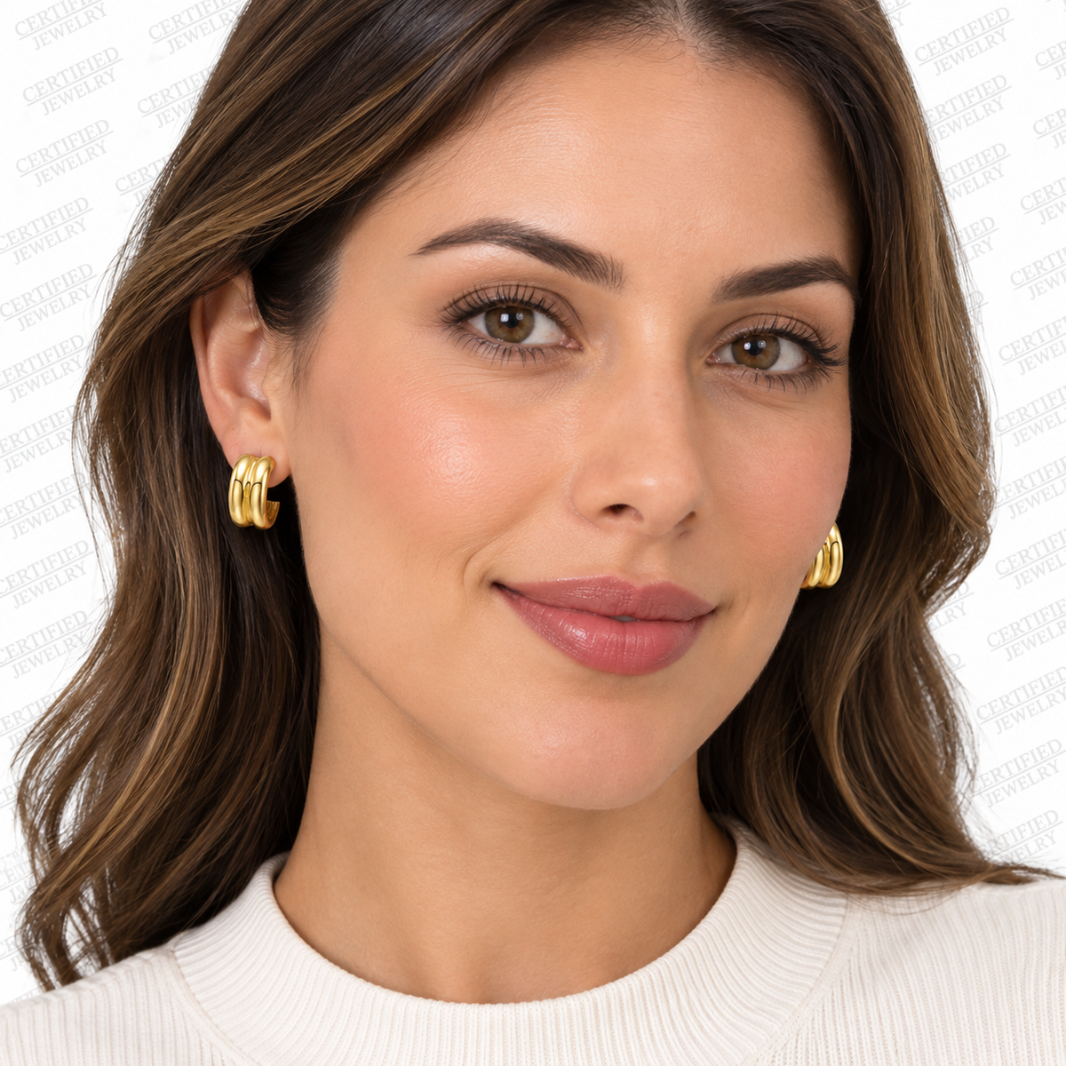 14K Solid Yellow Gold Puffed Double Row C Hoop Earrings Push Back Polished