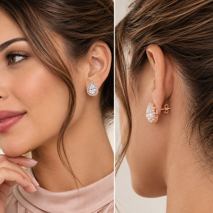 4CT Pear Lab Grown Diamond Halo Stud Earrings 14K Gold Certified
