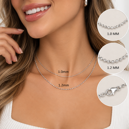 14K Solid White Gold Diamond Cut Ball Bead Chain Necklace 1MM 1.2MM 16 20"