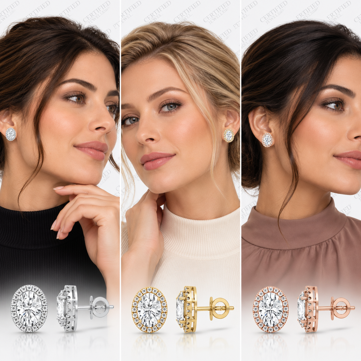 4CT Oval Lab Grown Diamond Halo Stud Earrings 14K Gold Certified