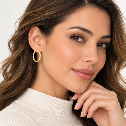 14K Solid Gold Classic Hoop Earrings 20MM 2MM Clip On Hypoallergenic